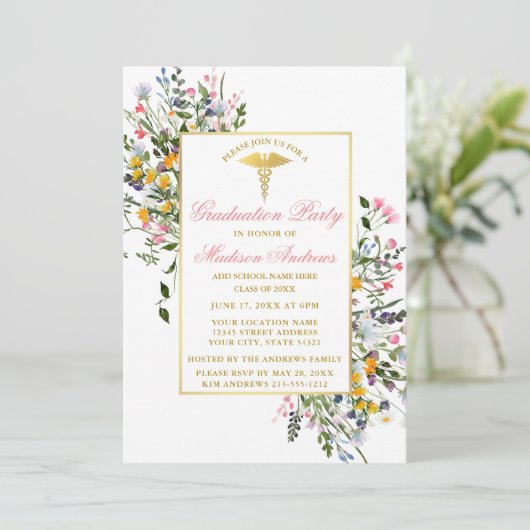 Waterverf Wildbloemen Roze Goud Verpleegster Afstu Kaart (Staand voorkant)