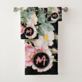 Waterverf Wildbloemen Rozen Zwart Roze Monogram Bad Handdoek (Insitu)