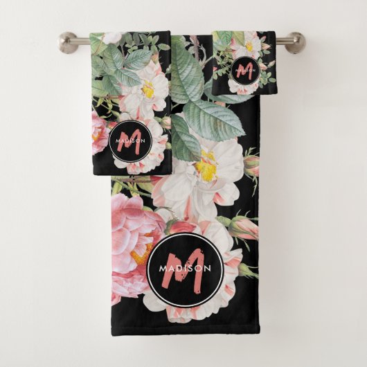 Waterverf Wildbloemen Rozen Zwart Roze Monogram Bad Handdoek (Insitu)
