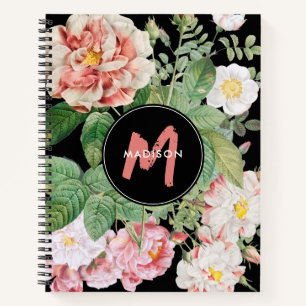 Waterverf Wildbloemen Rozen Zwart Roze Monogram Notitieboek