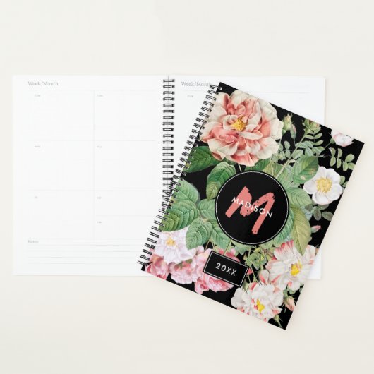 Waterverf Wildbloemen Rozen Zwart Roze Monogram Planner (Display)