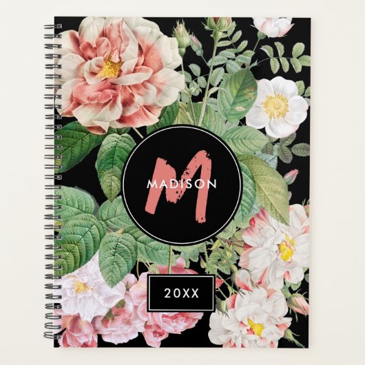 Waterverf Wildbloemen Rozen Zwart Roze Monogram Planner (Voorkant)