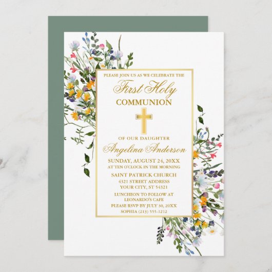 Waterverf Wildbloemen Sage Green Gold Commune Kaart (Voorkant / Achterkant)