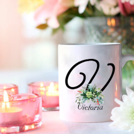 Waterverf wildbloemen script zwarte koffie mok