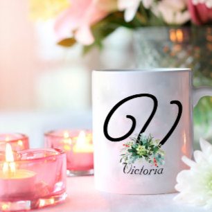Waterverf wildbloemen script zwarte koffie mok