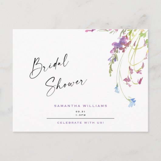 Waterverf Wildbloemen Vrijgezellenfeest lavender Uitnodiging Briefkaart (Voorkant)