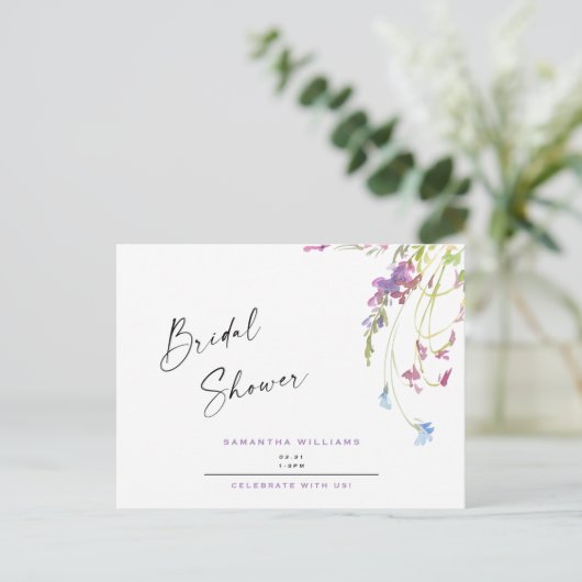 Waterverf Wildbloemen Vrijgezellenfeest lavender Uitnodiging Briefkaart (Staand voorkant)