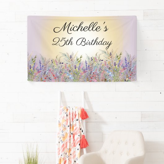 Waterverf Wildbloemen Zonnezonde Paarse verjaardag Spandoek (Insitu)