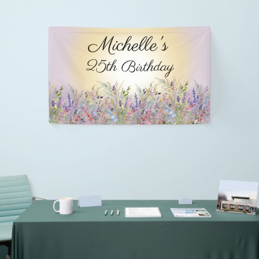 Waterverf Wildbloemen Zonnezonde Paarse verjaardag Spandoek (Beurs)