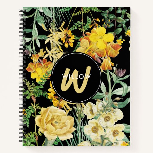 Waterverf Wildbloemen Zwart Geel Monogram Notitieboek (Voorkant)