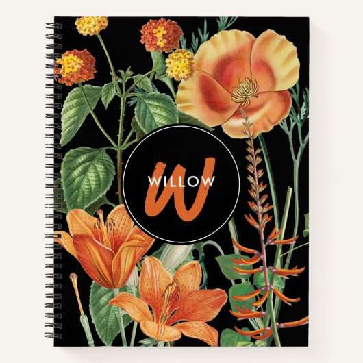 Waterverf Wildbloemen Zwart Oranje monogram Notitieboek (Voorkant)