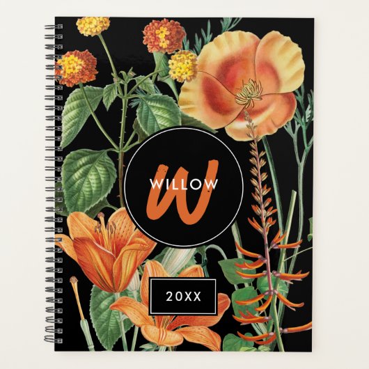 Waterverf Wildbloemen Zwart Oranje monogram Planner (Voorkant)