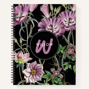 Waterverf Wildbloemen Zwarte Paarse monogram Notitieboek