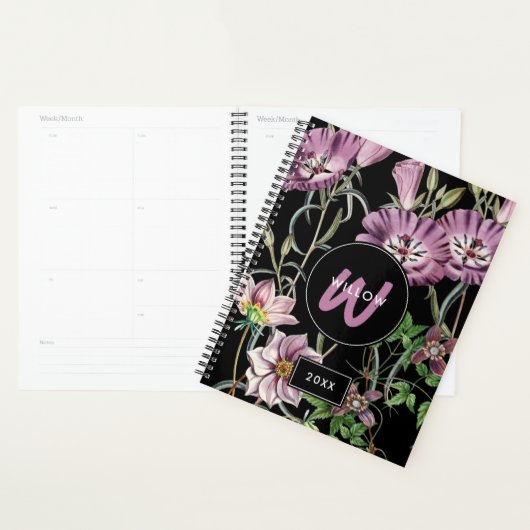 Waterverf Wildbloemen Zwarte Paarse monogram Planner (Display)