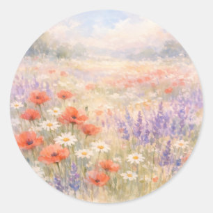 Waterverf Wildbloemenweideschilderij Ronde Sticker