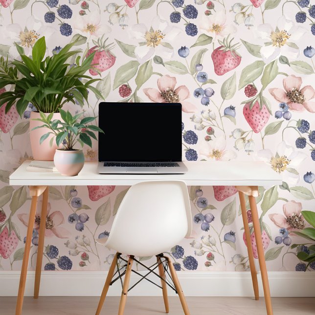 Waterverf Wilde bessen Aardbei Bloemmotief Behang (Watercolor Wild Berries Strawberry Floral Pattern Wallpaper)