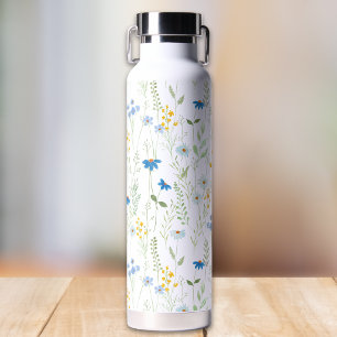 Waterverf Wilde Bloem Blauw Geel Patroon Waterfles