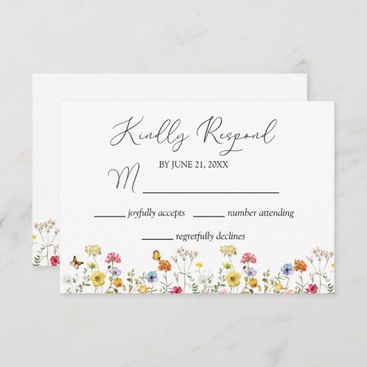 Waterverf Wilde bloem & Butterflies Botanisch RSVP Kaartje (Voorkant / Achterkant)