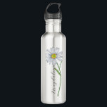 Waterverf Wilde bloem Daisy Elegant Script Name Waterfles<br><div class="desc">Waterverf schilderde wilde dagbloem met klantgerichte naam in een moderne elegante manuscriptdoopvont.</div>