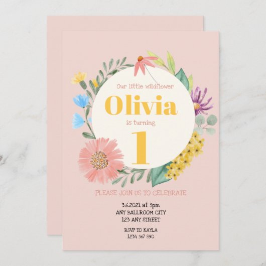 Waterverf Wilde bloem, eerste geboorte Kaart (Voorkant / Achterkant)