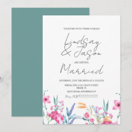 Waterverf Wilde Bloem Groen Script Bruiloft Kaart