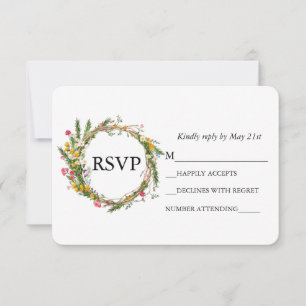 Waterverf Wilde Bloem Houten Krans Bruiloft RSVP Kaartje