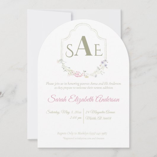 Waterverf Wilde Bloem Initialen Wapenschild Babyfe Kaart (Voorkant)