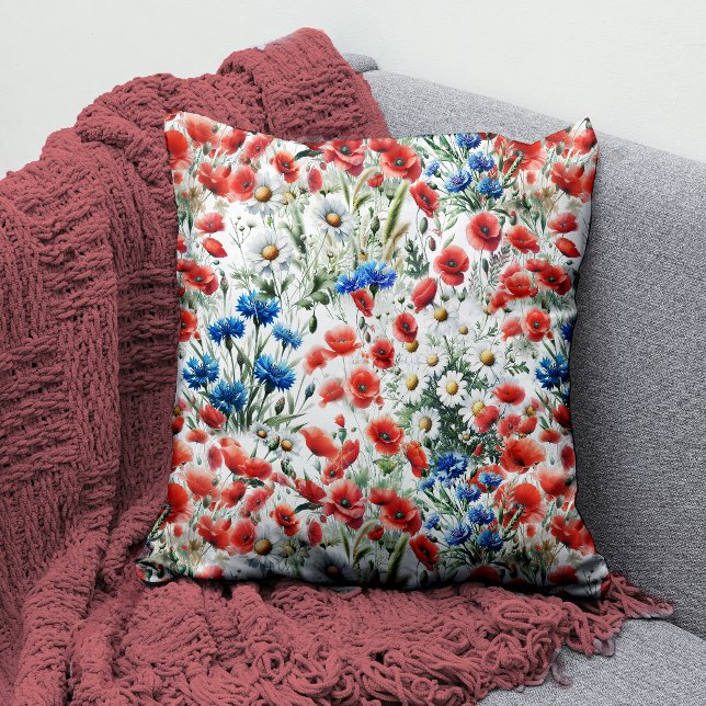 Waterverf Wilde Bloem Klaproos Madelief Kussen (Throw Pillow)