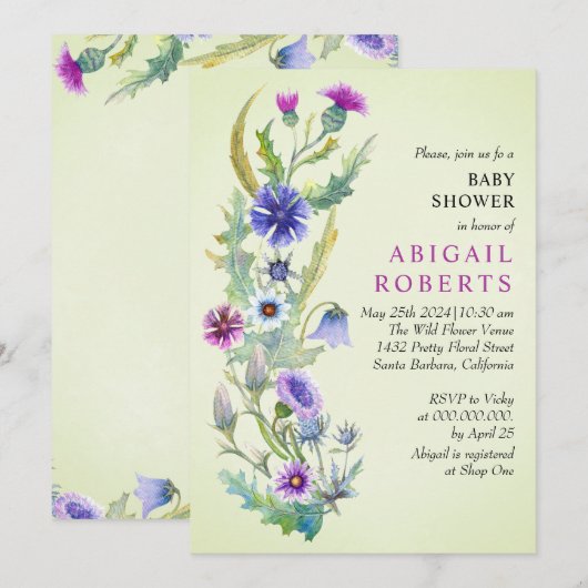 Waterverf wilde bloem Lente groen Baby shower Kaart (Voorkant / Achterkant)