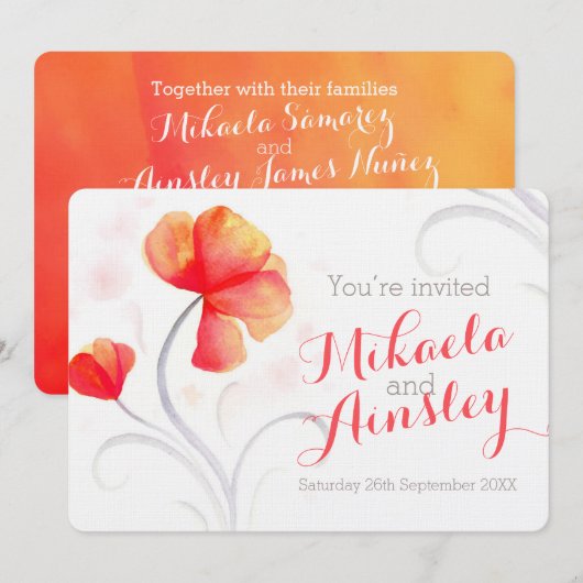 Waterverf wilde bloem oranje bruiloft uitnodigen kaart (Voorkant / Achterkant)