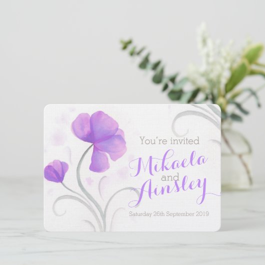 Waterverf wilde bloem paarse bruiloft uit te nodig kaart (Staand voorkant)