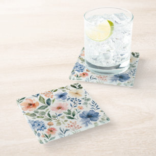 Waterverf Wilde Bloem Patroon Modern Botanisch Glazen Onderzetter