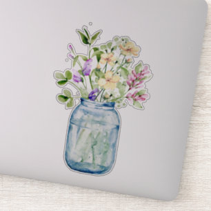 Waterverf Wilde Bloem Posy Bouquet Glass Jar Sticker