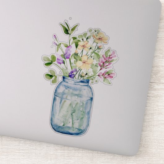 Waterverf Wilde Bloem Posy Bouquet Glass Jar Sticker (Detail)