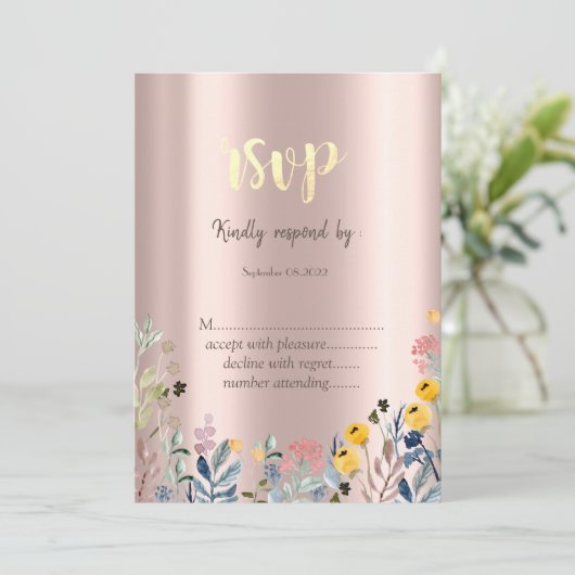 Waterverf Wilde bloem Roos Gold Kaart (Staand voorkant)