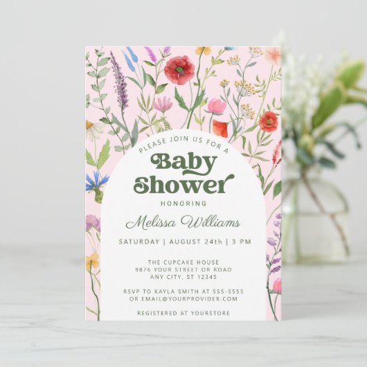 Waterverf Wilde bloem Roze Baby shower Uitnodiging (Staand voorkant)