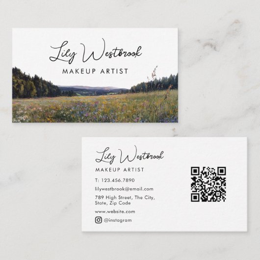 Waterverf Wilde Bloem Schrift QR Code Visitekaartje (Voorkant / Achterkant)
