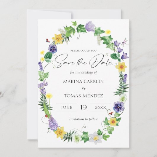 Waterverf Wilde bloem sparen de Datum Save The Date (Voorkant)