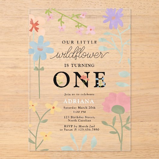 Waterverf wilde bloemen 1e eerste verjaardag acryl uitnodigingen (Voorkant)