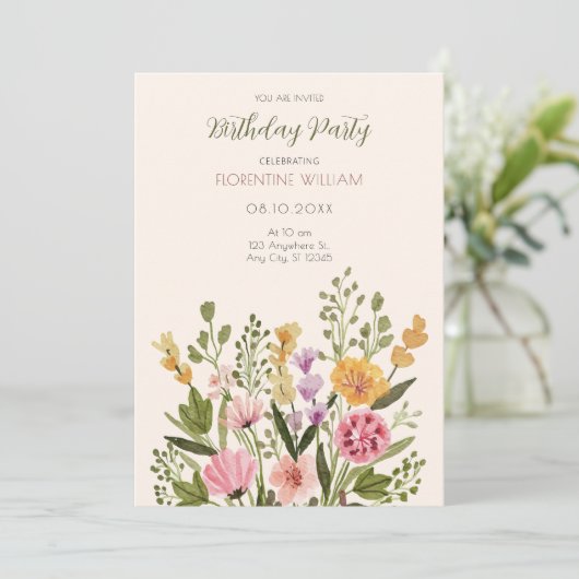 Waterverf wilde bloemen boeket verjaardag kaart (Staand voorkant)