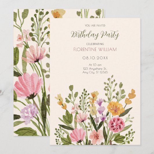 Waterverf wilde bloemen boeket verjaardag kaart (Voorkant / Achterkant)