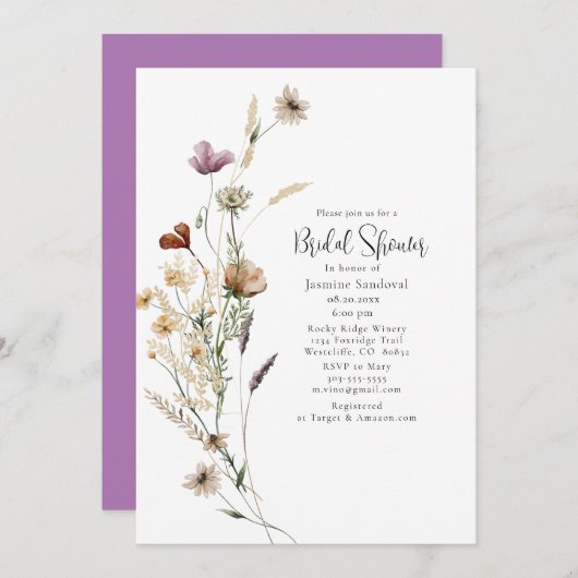 Waterverf Wilde bloemen Bridal Shower Uitnodiging (Voorkant / Achterkant)