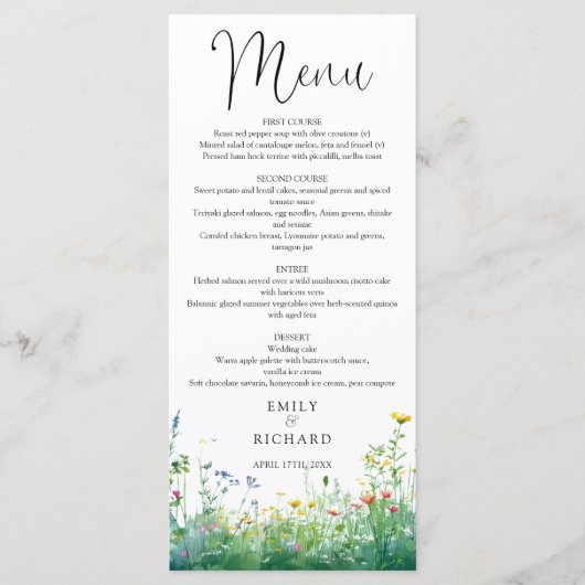 Waterverf Wilde Bloemen Bruiloft Menu (Voorkant)