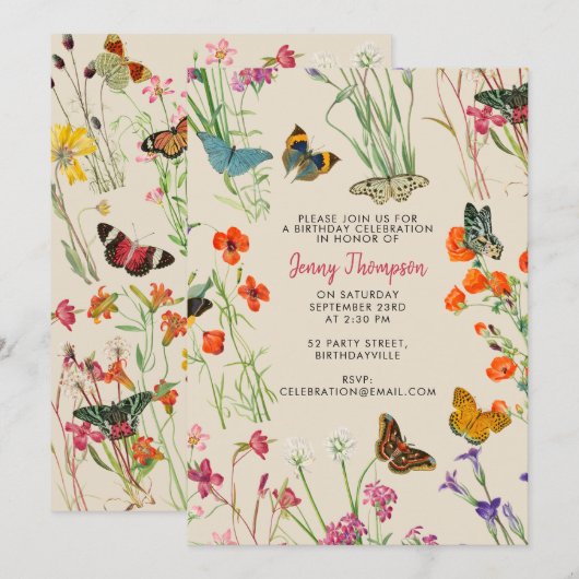 Waterverf Wilde bloemen Butterflies Birthday Party Kaart (Voorkant / Achterkant)