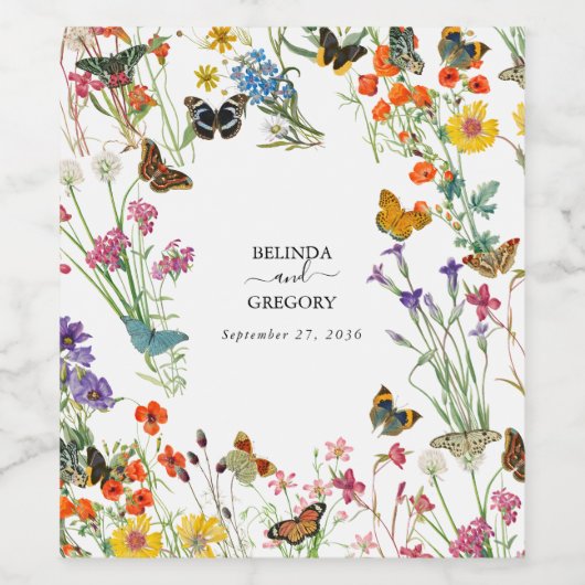 Waterverf Wilde bloemen Butterflies Floral Wedding Wijn Etiket (Enkel label)