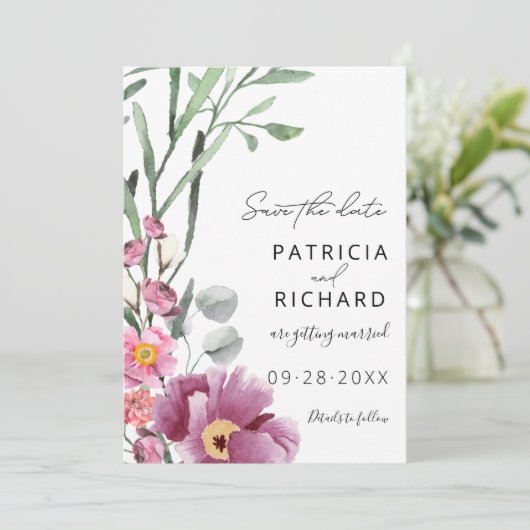 Waterverf wilde bloemen die de datum bewaren (Staand voorkant)