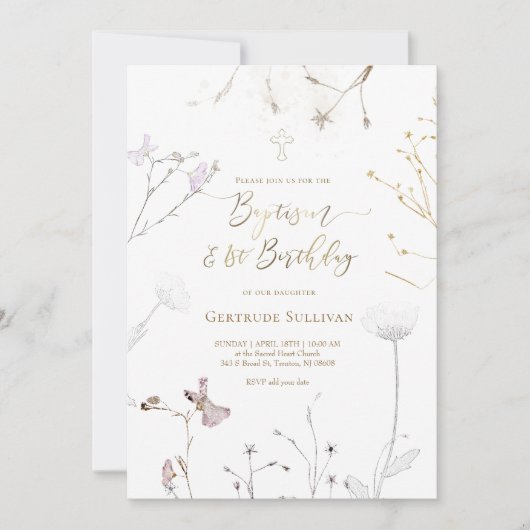 waterverf wilde bloemen Doop & 1e Verjaardag Kaart (Voorkant)