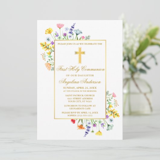 Waterverf wilde bloemen eerste communie goud kaart (Staand voorkant)