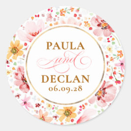 Waterverf Wilde Bloemen Elegante Trouwdag Ronde Sticker