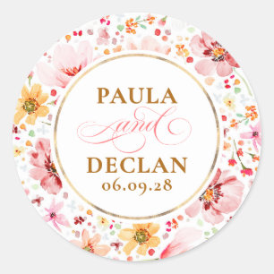 Waterverf Wilde Bloemen Elegante Trouwdag Ronde Sticker